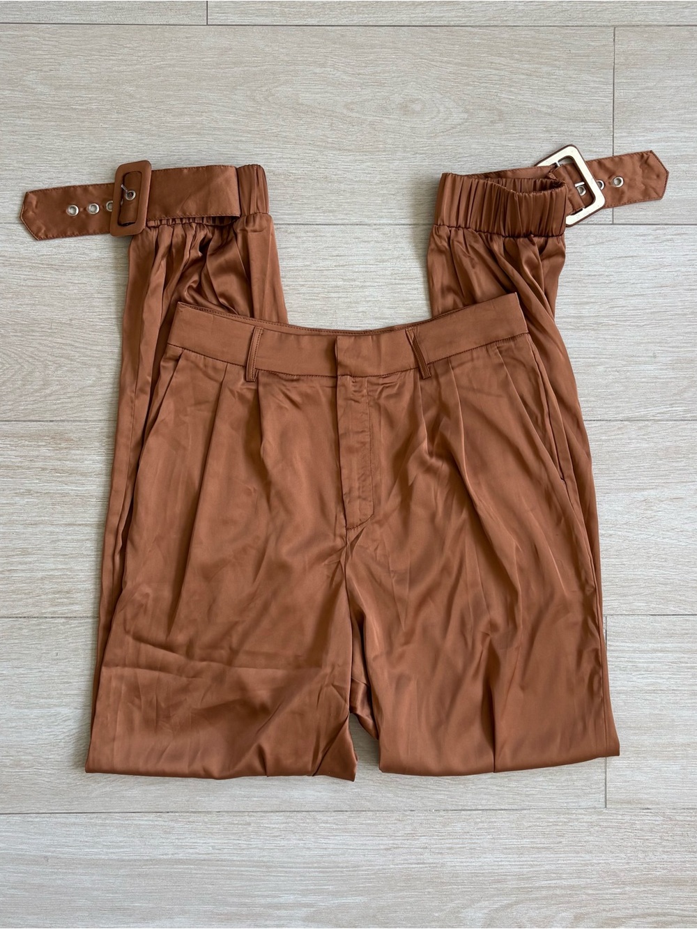 Klesis brand burnt orange satin pants.  Satin-look  trousers with pleated front.